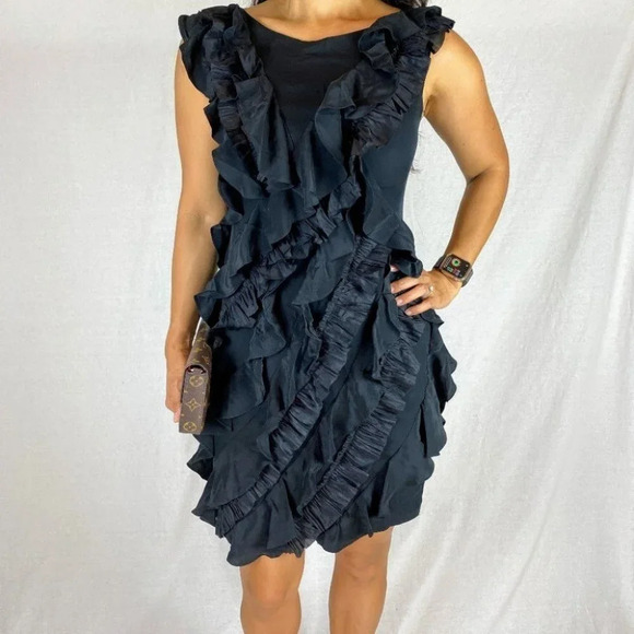 Marchesa Notte Black Silk Ruffle Cocktail Dress $795 - Picture 1 of 10